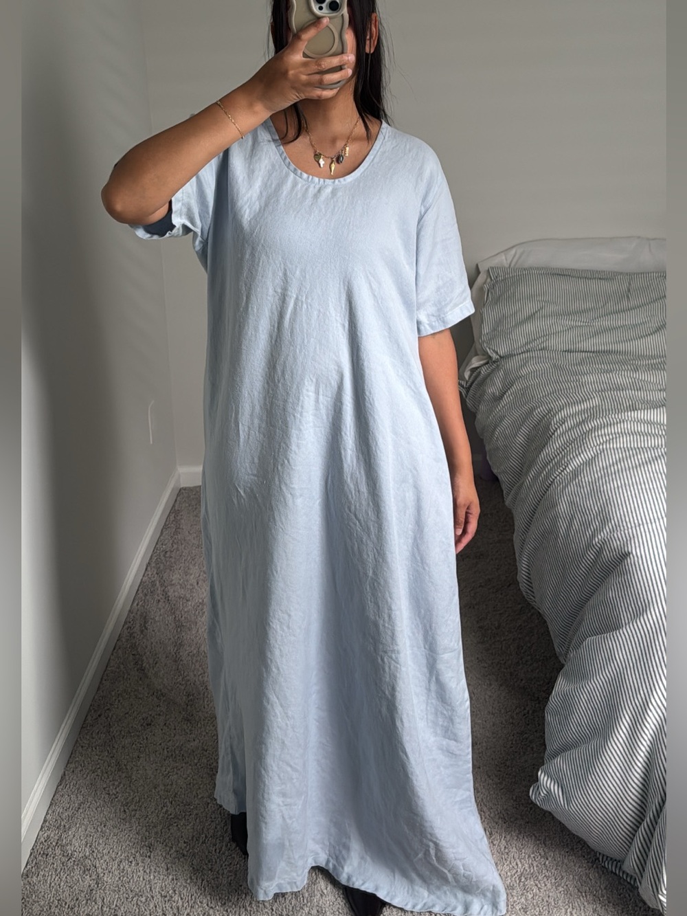Vintage 100% linen powder blue maxi dress